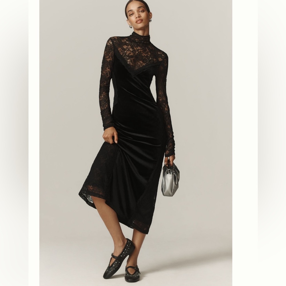 Nwt Anthropologie Black Lace and velvet long sleeve Midi Dress